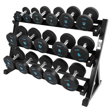 1441 Fitness - مجموعة دمبل دائرية فاخرة بوزن 2.5 كجم - 20 كجم (8 أزواج) باللون الأزرق مع رف من 3 طبقات